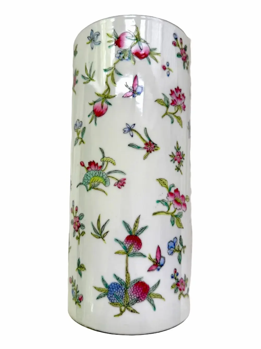 Chinese Famille Rose Hand Painted Porcelain Cylinder Vase 10.75” Gold Rim